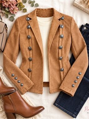 Faux Suede Military Jacket Camel Brown Size L